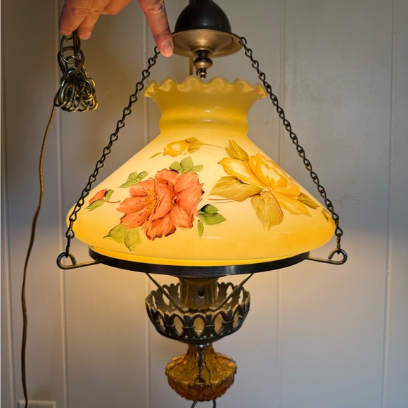 Vintage Swag Hanging Lamp Milk Glass Globe Light Hurricane Floral brass chain